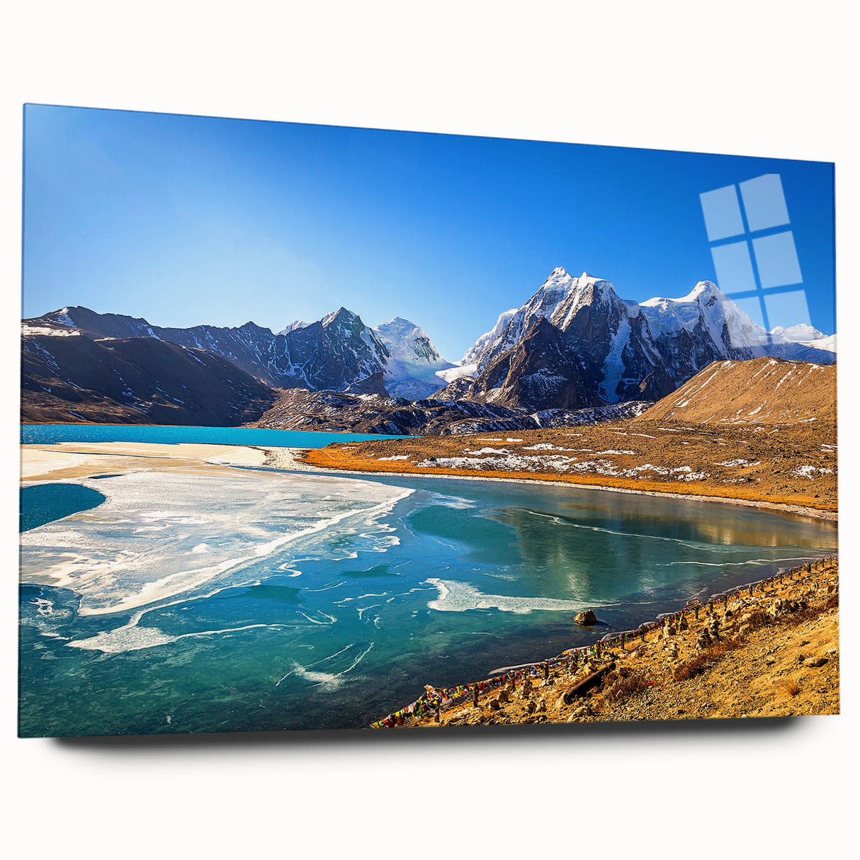 Large abstract wall art depicting an Indian scenery in vibrant colors on acrylic glass.