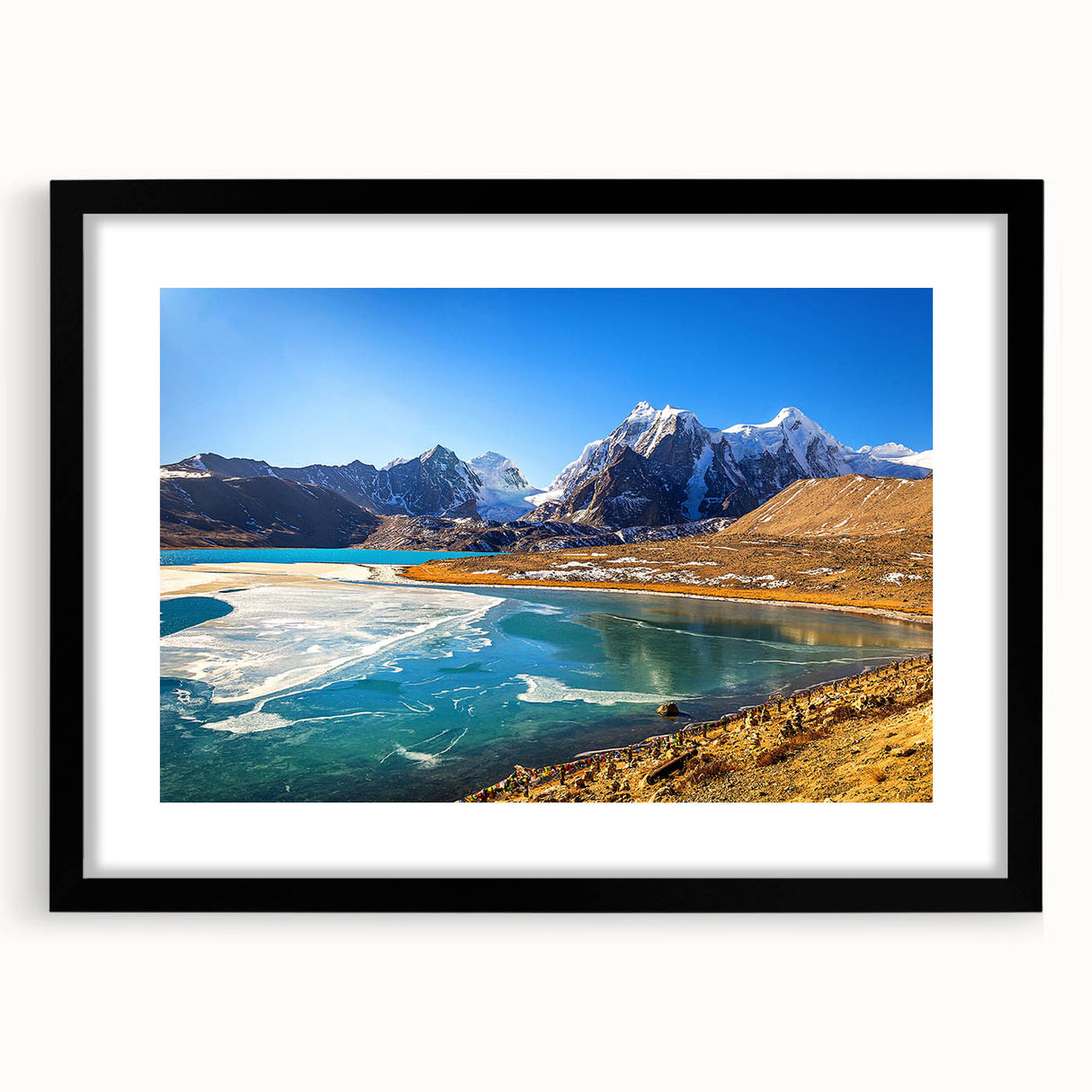 Colorful abstract art print depicting a vibrant, textured Indian scenery on a large framed canvas.