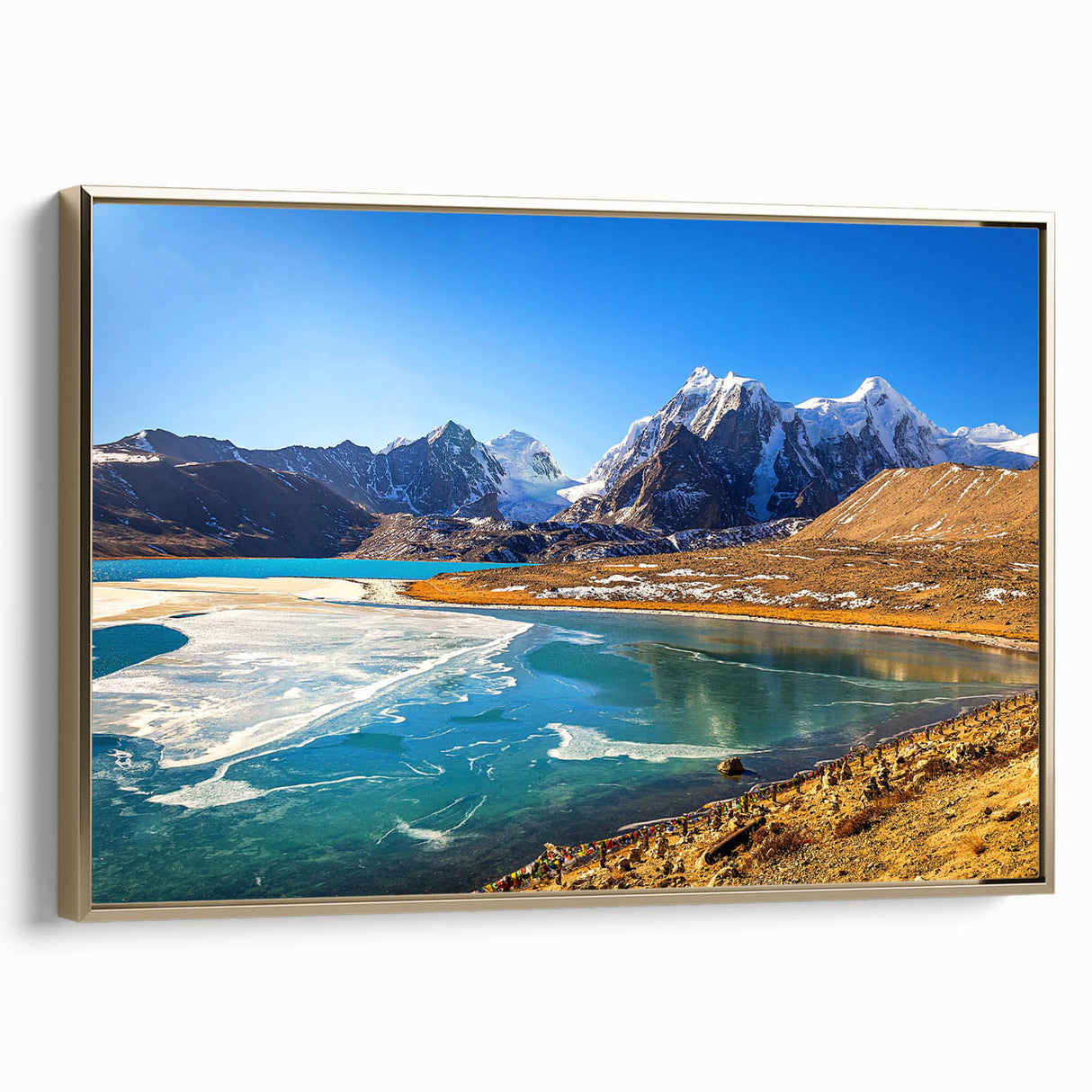 Framed canvas of a vintage-style Indian landscape in gold and black tones, ideal for bedroom wall decor.