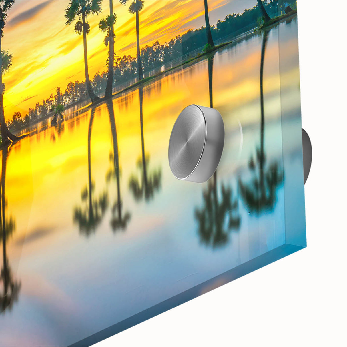 Large abstract wall art depicting a serene Thai landscape in muted green and blue tones on acrylic glass.