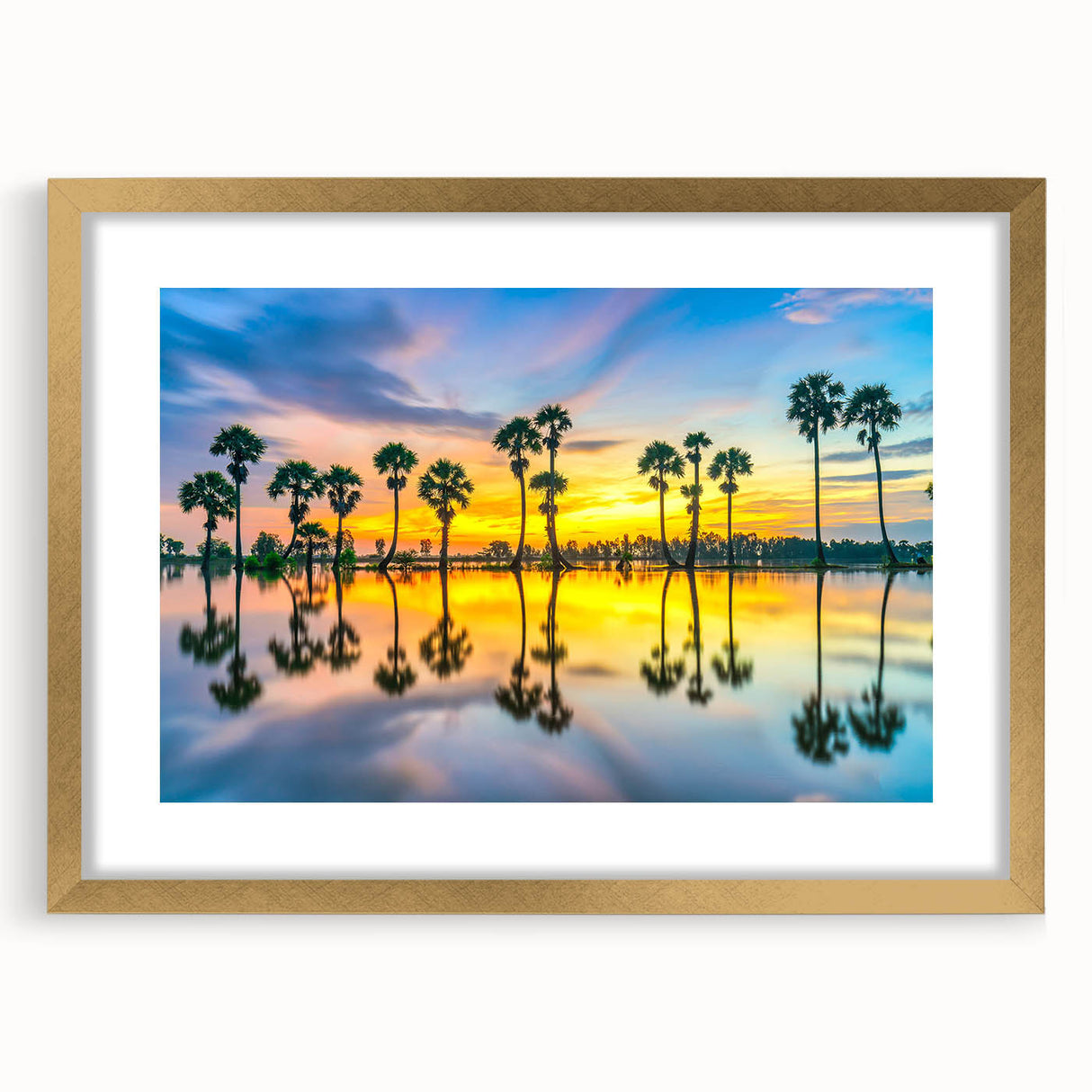 Extra large abstract art print of a textured Asian scenery in soft gold frame, ideal for living room decor.