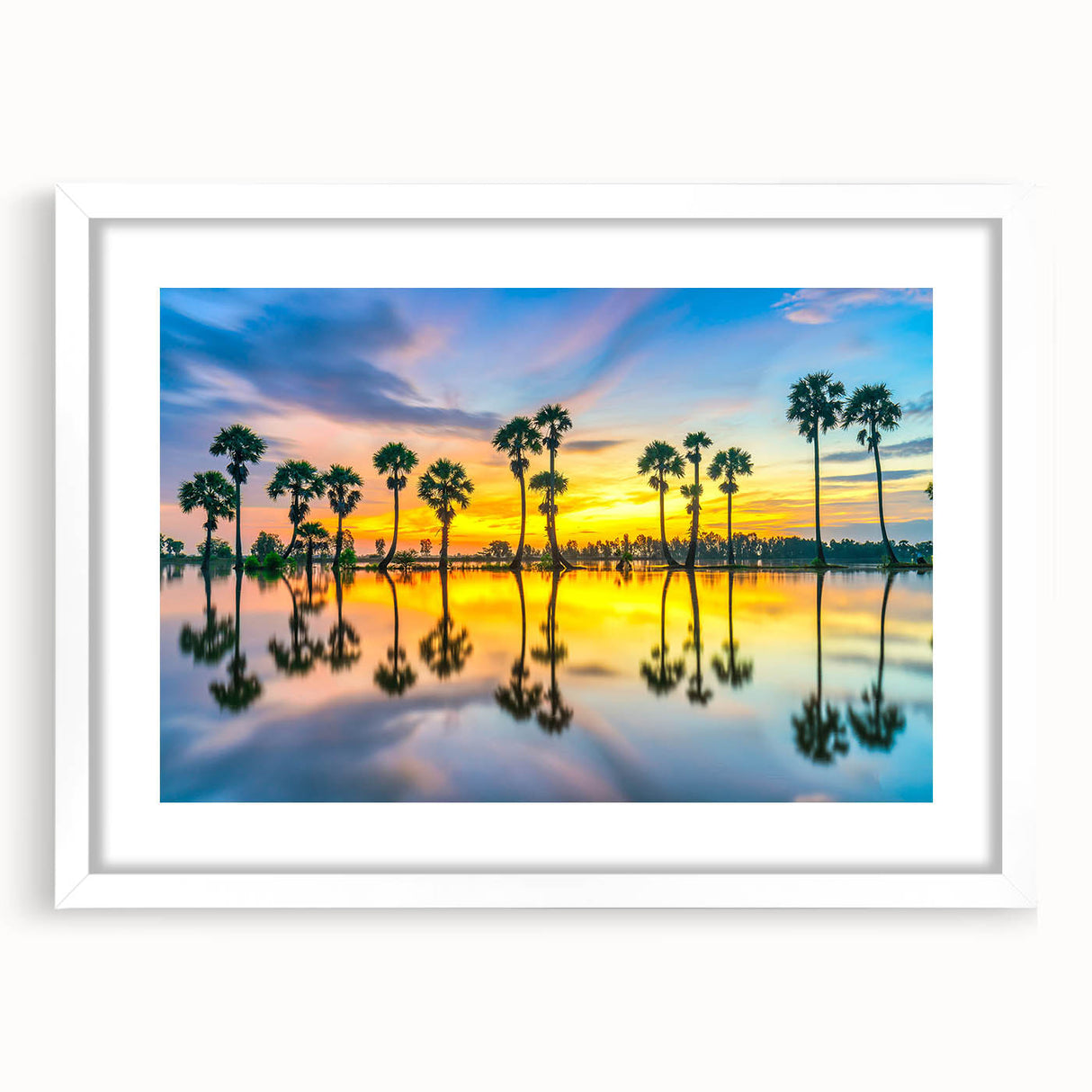 Abstract art print depicting a serene Thai landscape in muted green and blue tones, framed with a white mat.