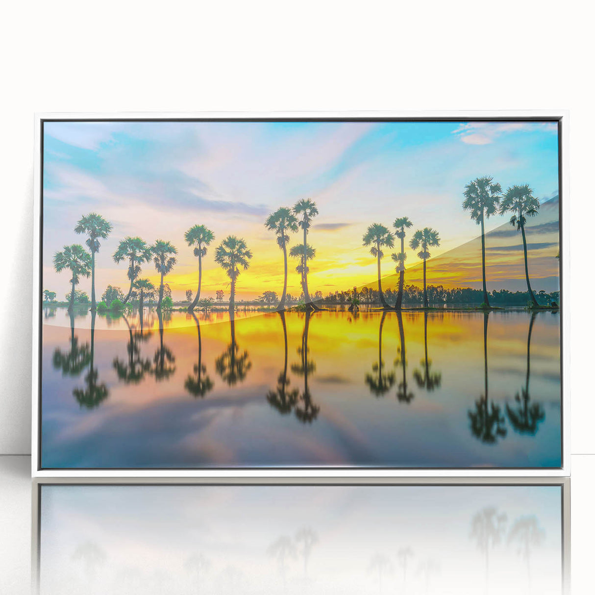 Art deco poster of a serene Thai landscape in soft pastel shades, framed acrylic, ideal for modern art wall decor.