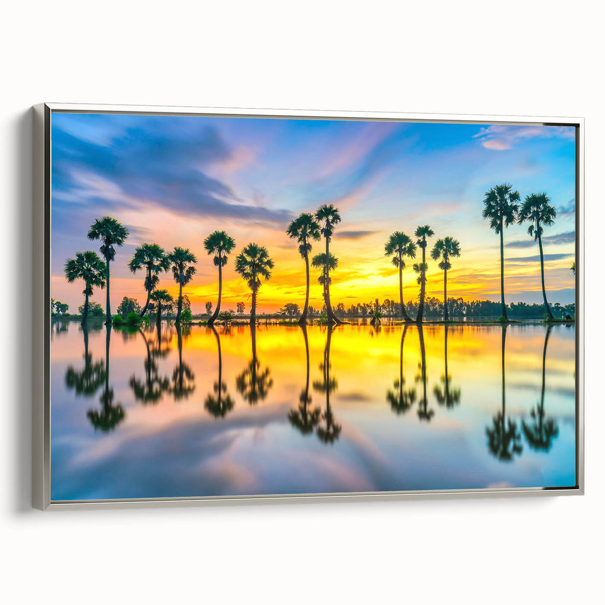 Landscape art painting of a serene Thai scenery in vibrant colors on framed canvas, ideal for living room decor.