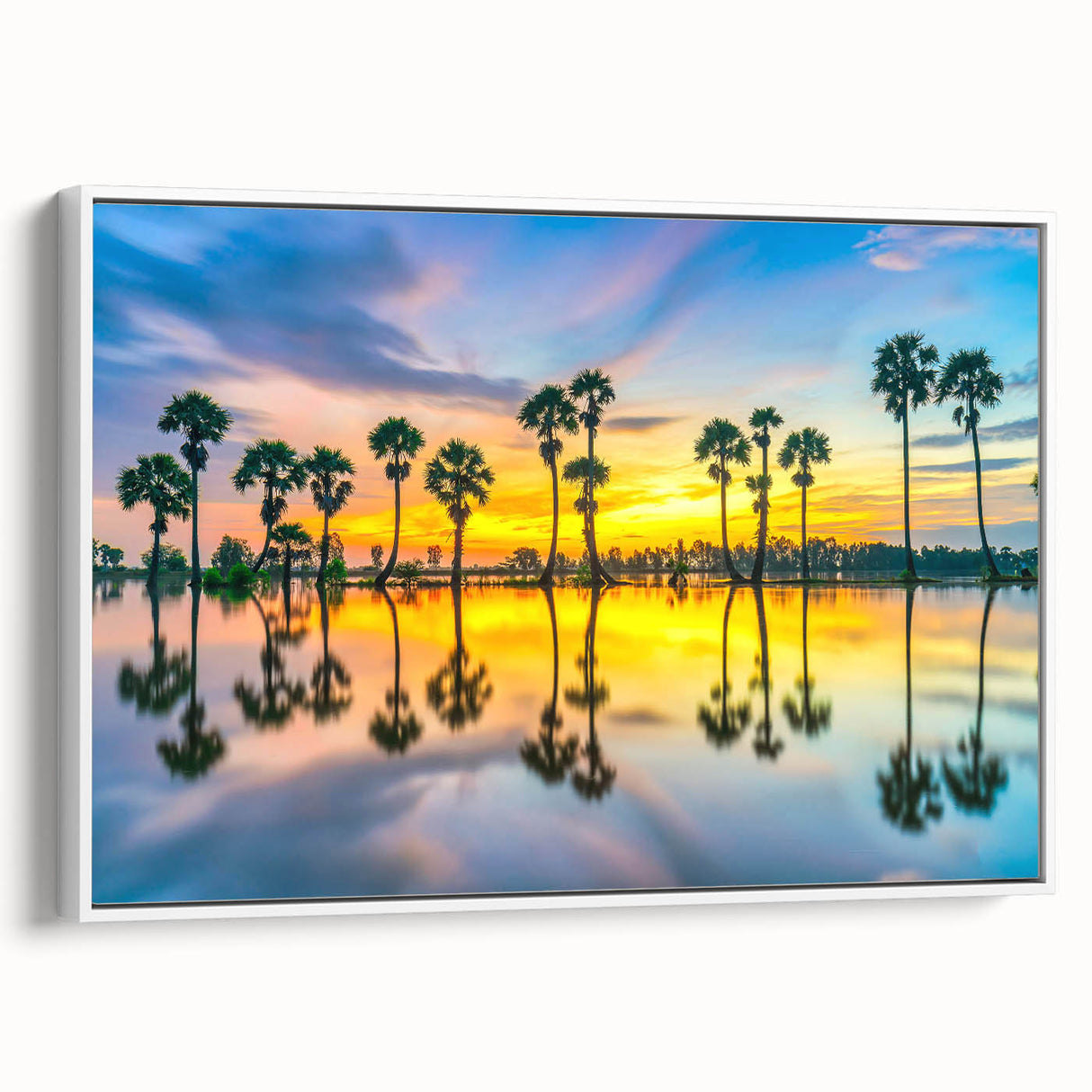 Vintage poster art of a Thai landscape on a framed canvas, featuring vibrant colors, ideal for living room decor.