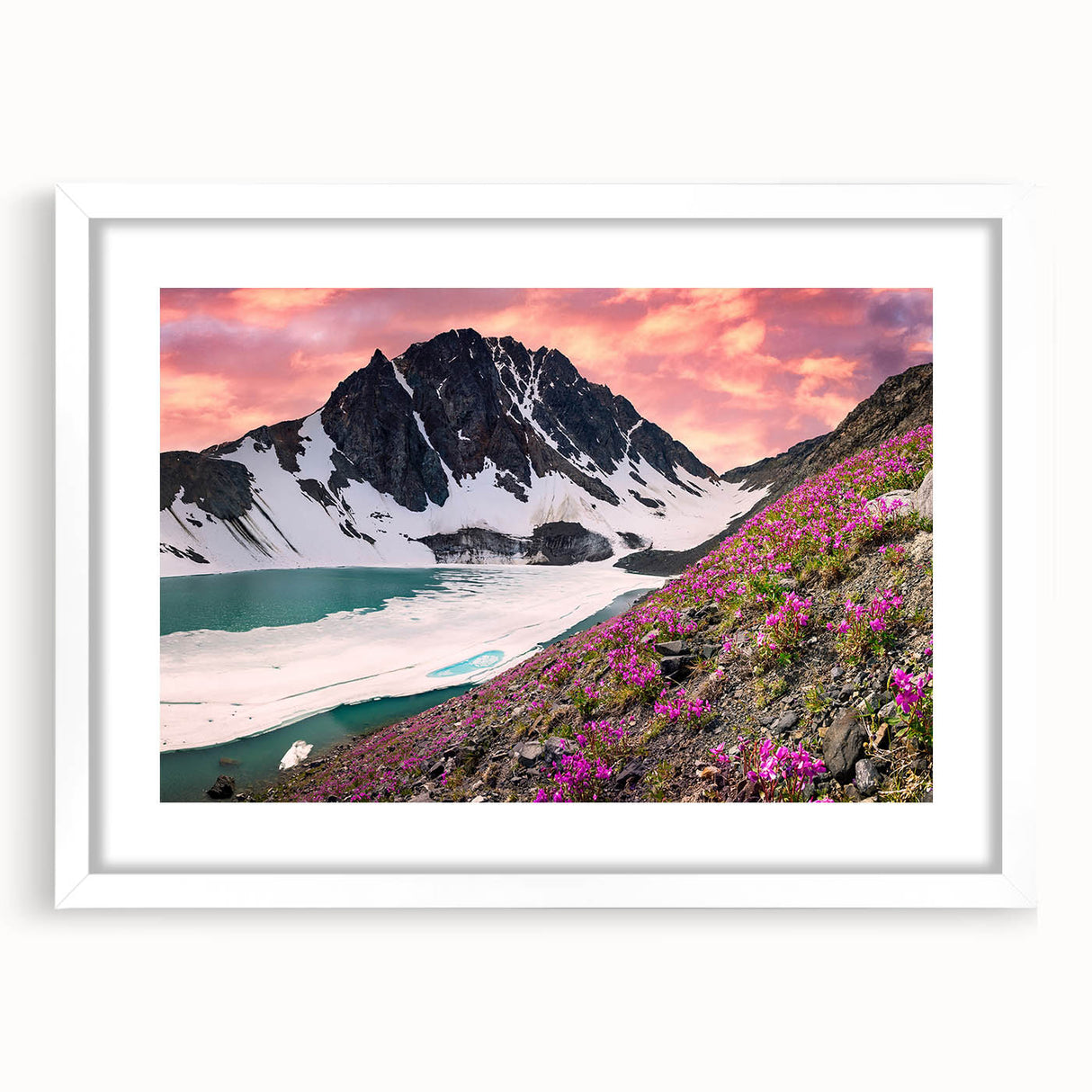 Abstract art print of Yukon scenery in muted earth tones on a framed white mat, suitable for bedroom or dining room decor.