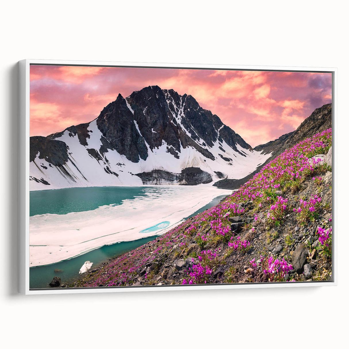 Vintage poster art of Yukon scenery on a large framed canvas, featuring black and colorful elements.