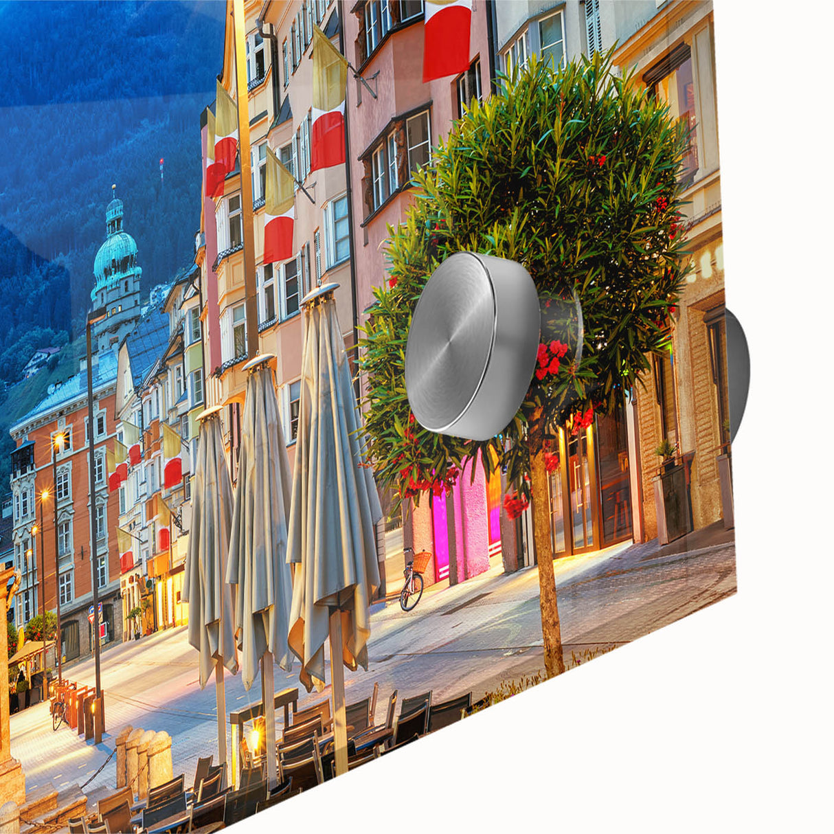 Mid-century modernist abstract scenery of Austria in vibrant hues on large acrylic glass, ideal for dining room art.