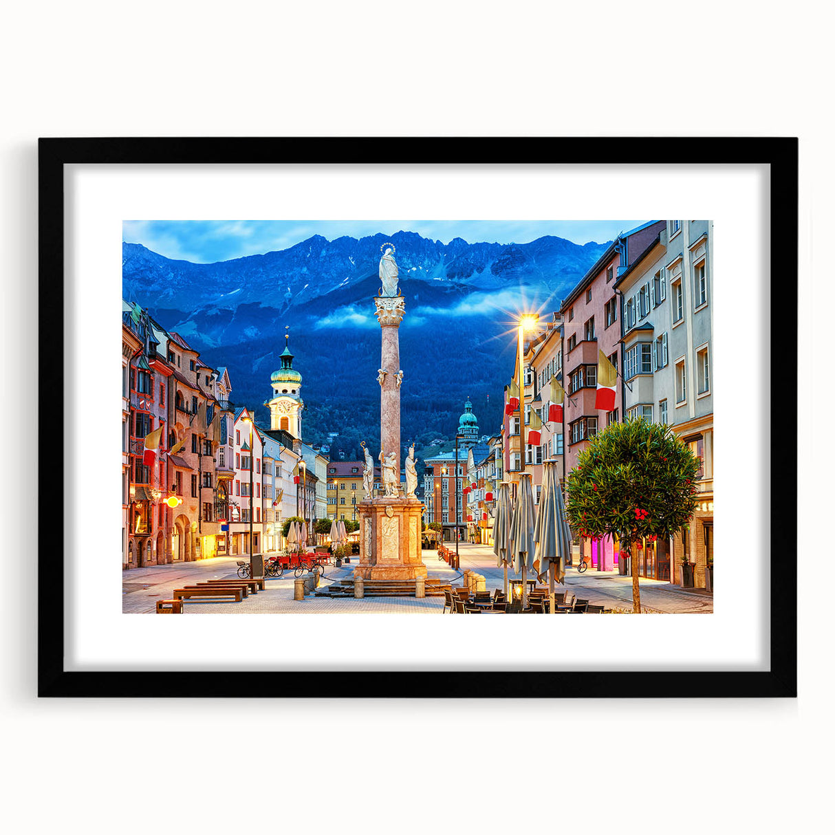 Extra large abstract art print featuring a colorful, textured depiction of a European scenery, framed in black.
