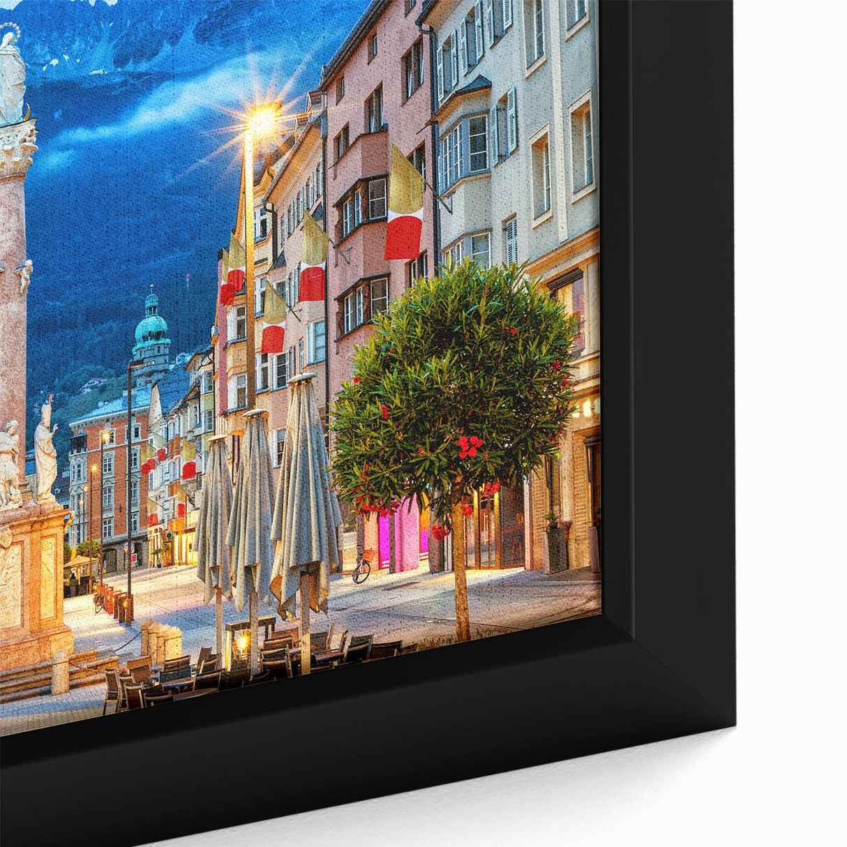 Extra large framed canvas depicting a textured, colorful Austrian landscape in black, ideal for living room decor.