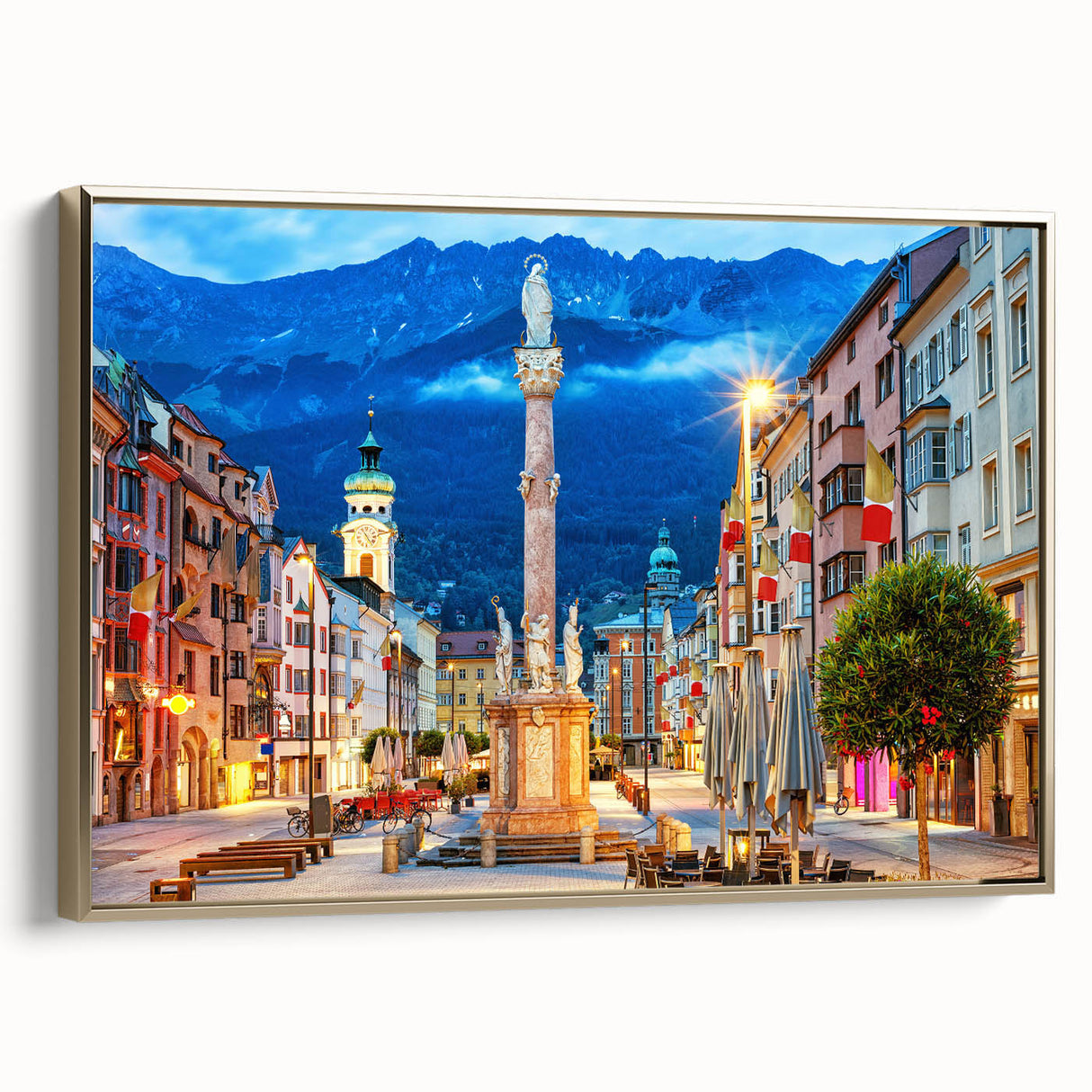 Vintage poster art of a European scenery in Austria, displayed on extra large framed canvas with gold trim.