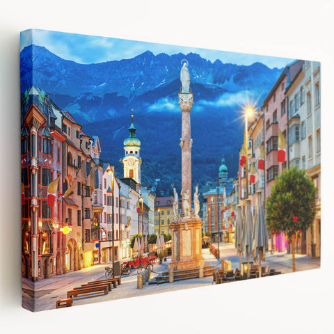 Scenic view of an Austrian landscape on a large stretched canvas, featuring lush greenery and blue skies.