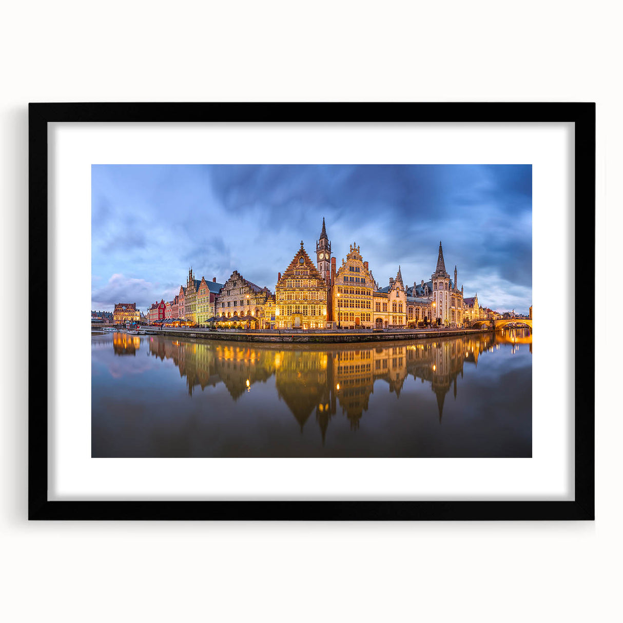 Abstract art print of European scenery in vibrant colors on a large framed canvas, ideal for living room decor.