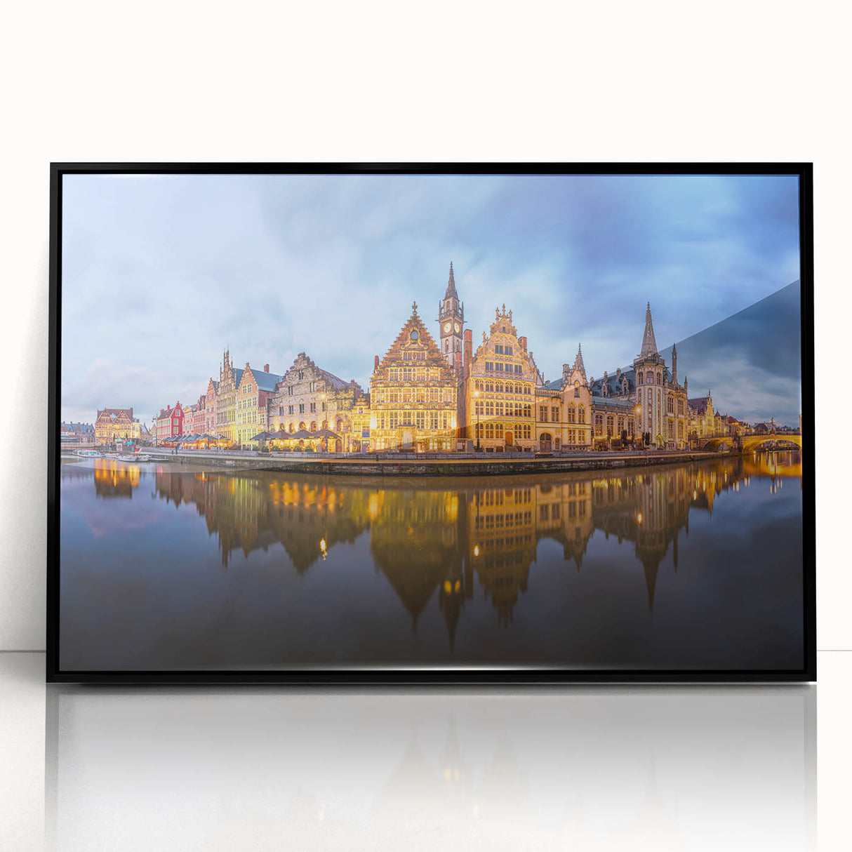 Large abstract wall art depicting a European cityscape in muted gray and blue tones on a framed acrylic print.