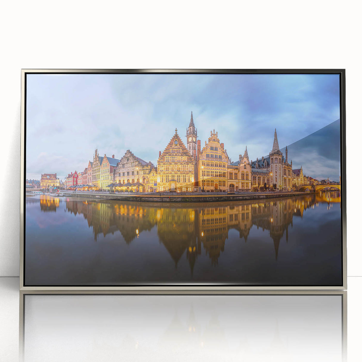 Large art print of a European Belgian landscape in muted colors on silver-framed acrylic, suitable for modern art wall decor.