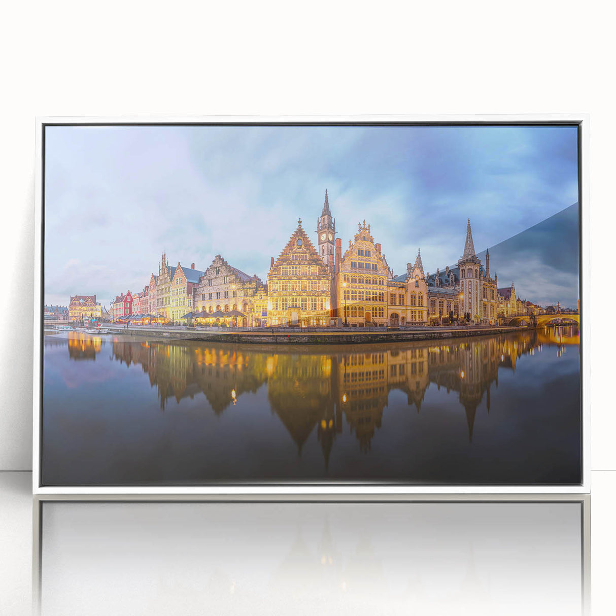 Mid-century modernist art of a European Belgian landscape in muted earth tones, acrylic print in a white frame.