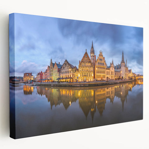 Side view of a stretched canvas depicting a European town scene in muted earth tones, suitable for kitchen wall art.