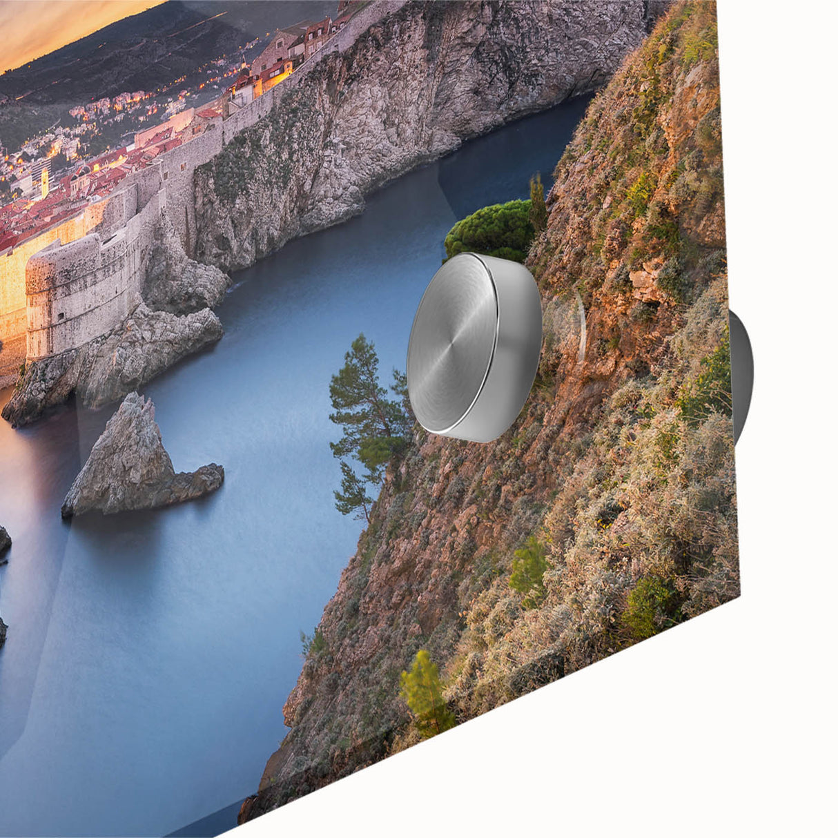 Large abstract wall art depicting a Croatian landscape in muted earth tones on acrylic glass, ideal for dining room ambiance.