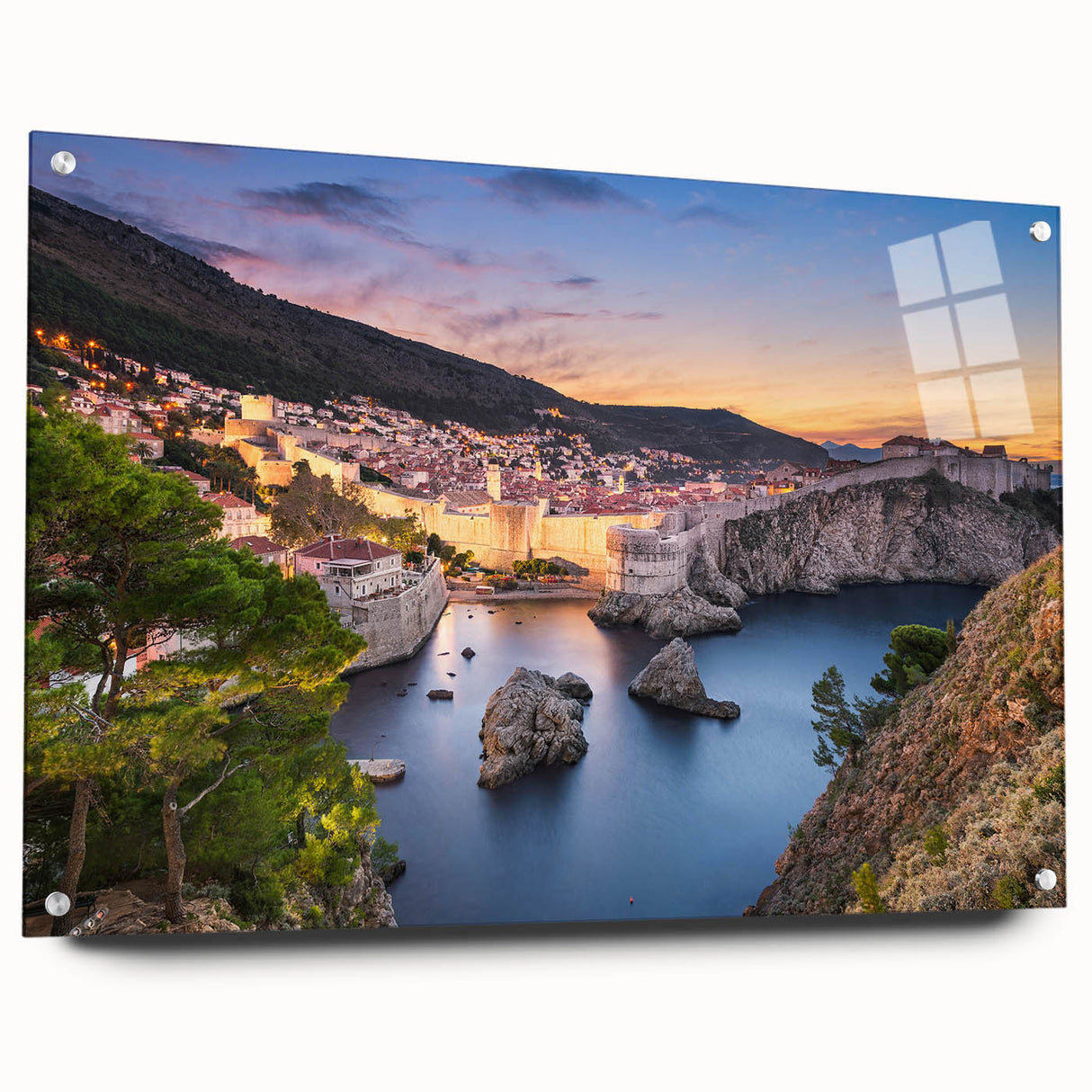 Acrylic print of a Croatian landscape in muted earth tones, ideal for dining room decor.