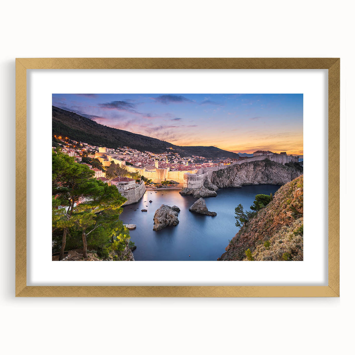 Abstract art print of a Croatian landscape in muted earth tones on a framed canvas, ideal for dining room decor.