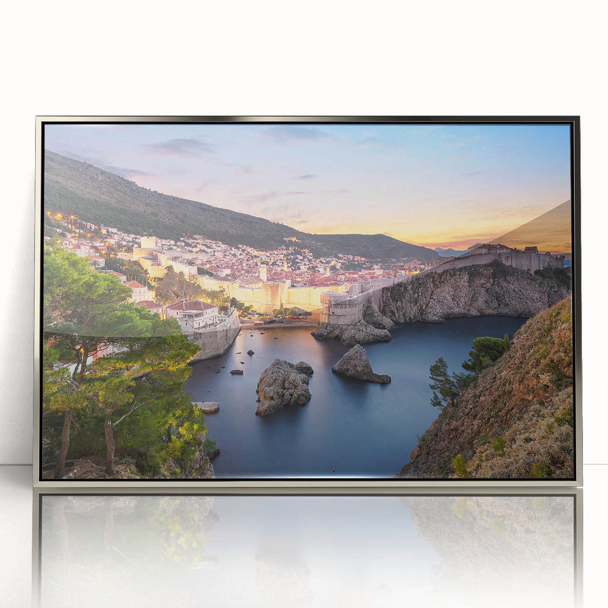 Large art print of a Croatian landscape in muted earth tones, framed in silver acrylic, suitable for modern art wall decor.