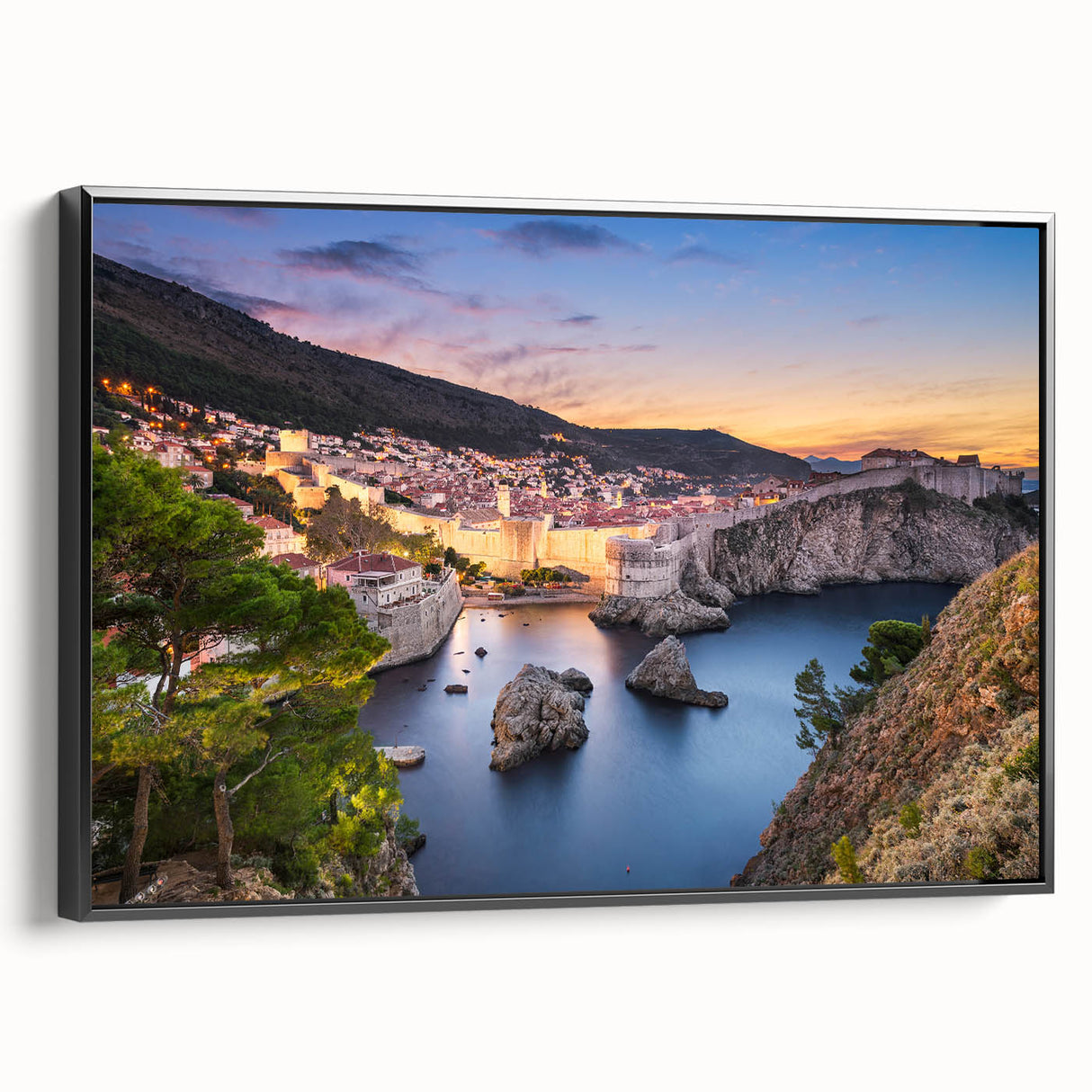 Black and white framed canvas featuring a vintage-style landscape of a Croatian scene, ideal for bedroom decor.