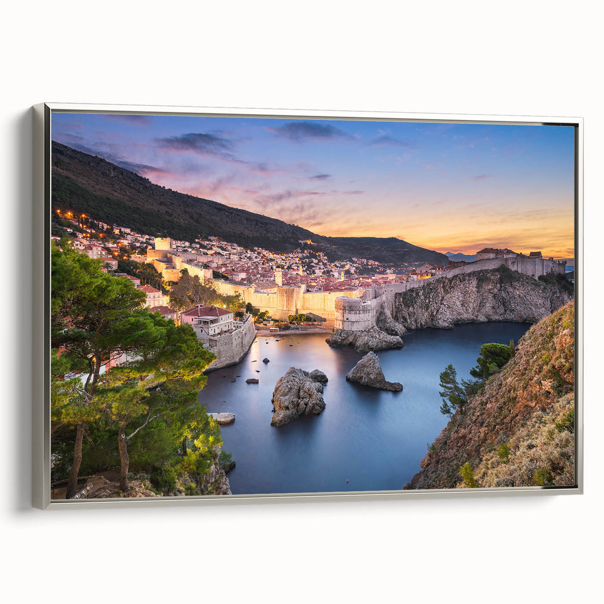 Framed canvas landscape art painting of a Croatian coastal scene in vibrant colors, ideal for living room decor.