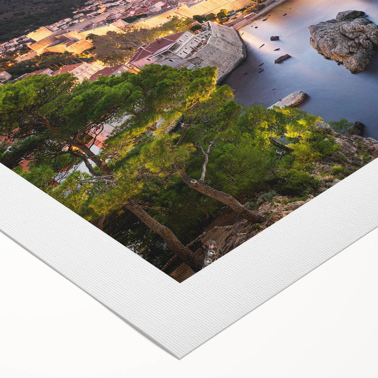 Art deco poster of a Croatian coastline on rolled canvas, featuring muted blue and beige tones, ideal for dining room decor.