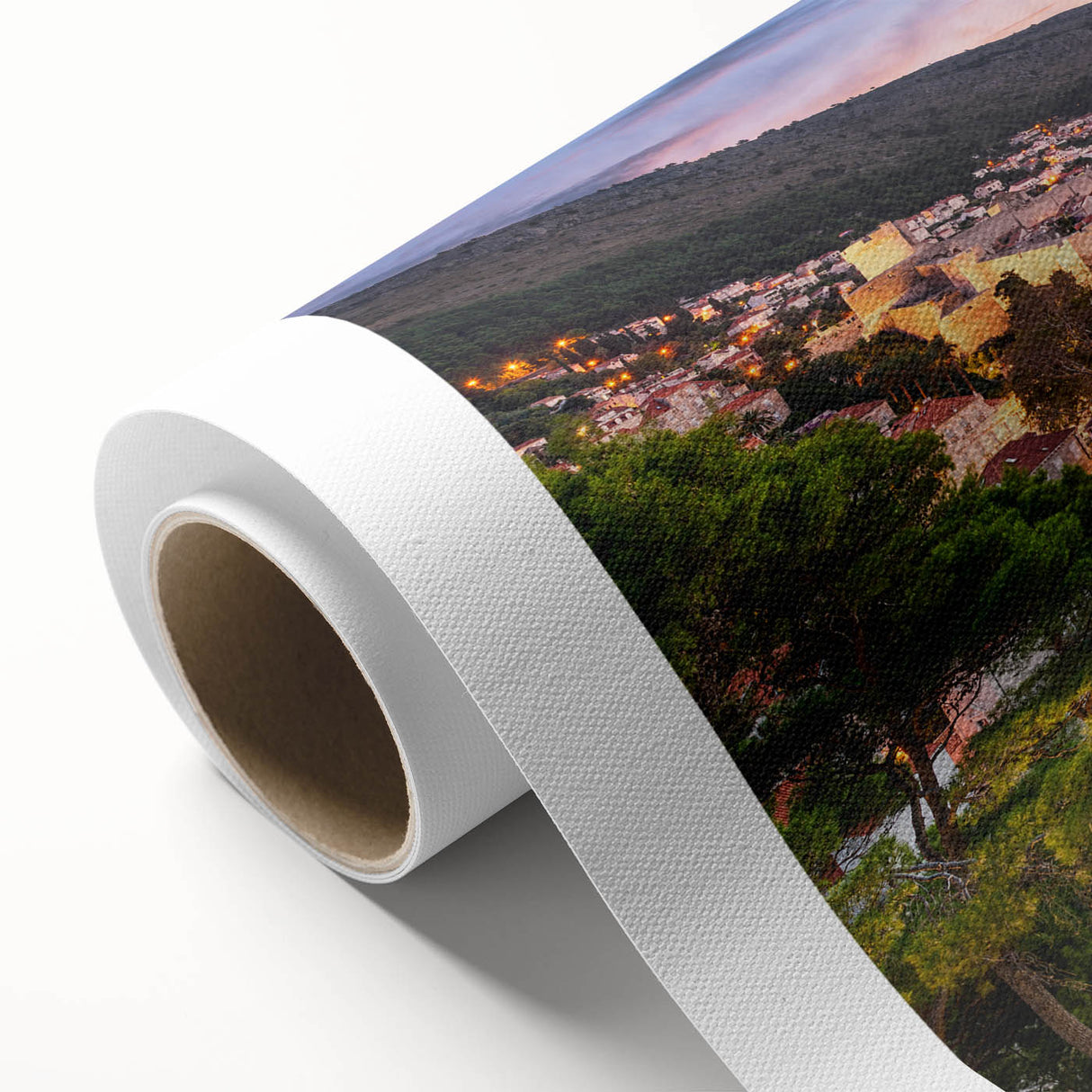 Art Deco poster of a Croatian landscape in pastel shades on rolled canvas, ideal for nursery wall art.