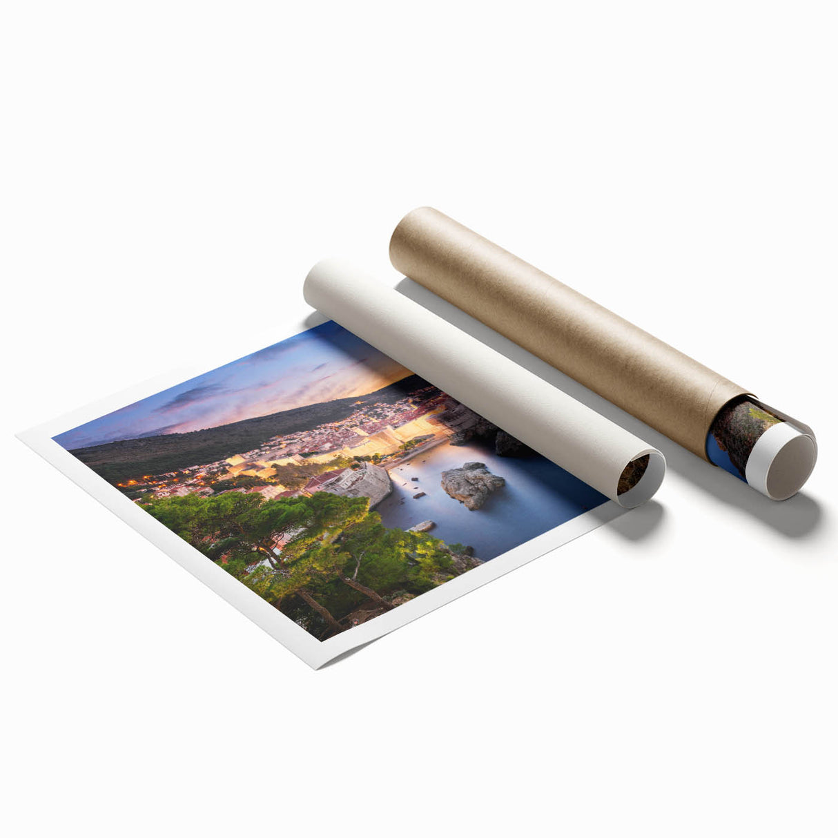 Extra large rolled print of Croatian scenery with vibrant floral elements, ideal for classy bathroom wall art.
