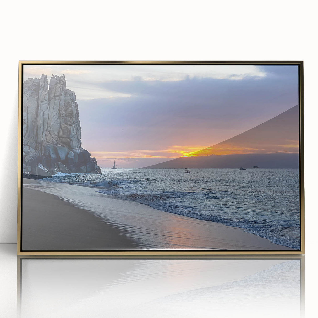 Framed acrylic print of Baja California scenery in gold tones, ideal for modern art wall decor.