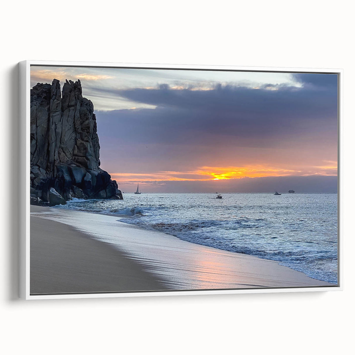 Vintage poster art of Baja California scenery on a framed canvas, featuring vibrant colors against a black background.