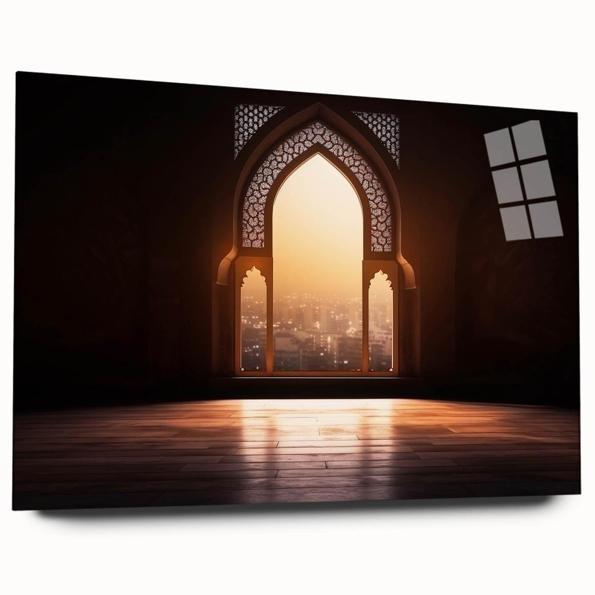 Acrylic print of Dubai skyline in muted gold and blue tones, ideal for bedroom or dining room art.