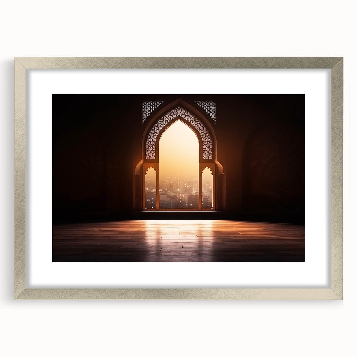 Textured abstract art print of Dubai skyline in muted silver and gray tones on a framed canvas, suitable for bedroom decor.