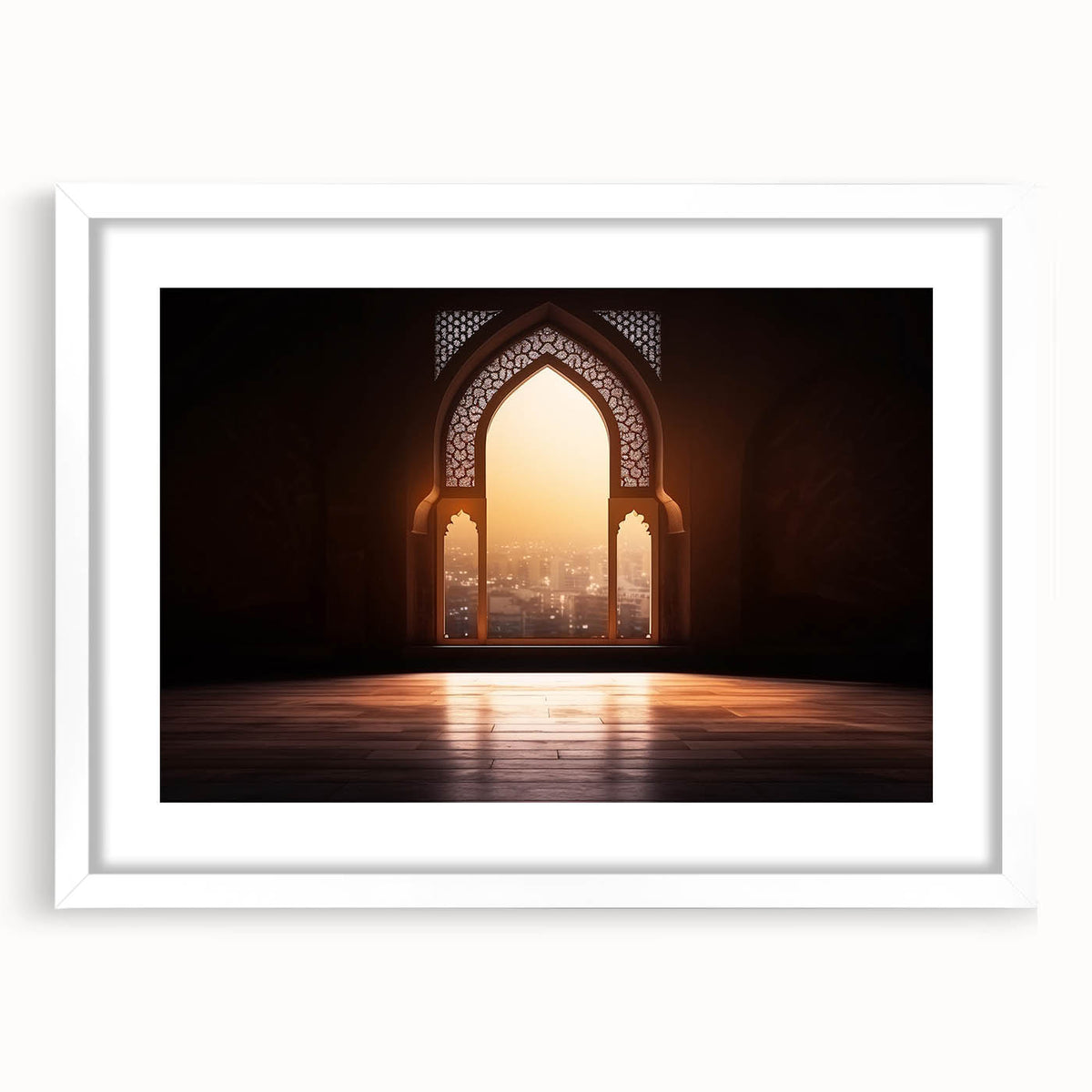 Abstract art print of Dubai skyline in muted gray and blue tones on a framed white mat, ideal for dining room art.