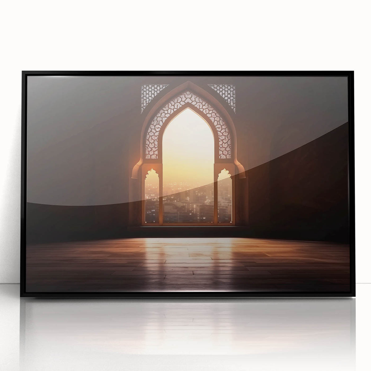 Large abstract wall art depicting the Dubai skyline in muted gray and blue, framed acrylic.