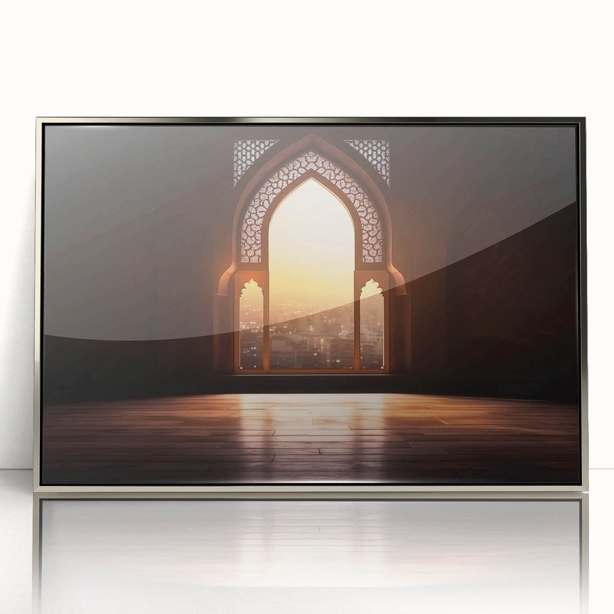 Mid-century modernist art of Dubai skyline in muted silver tones on a framed acrylic, suitable for modern art wall decor.