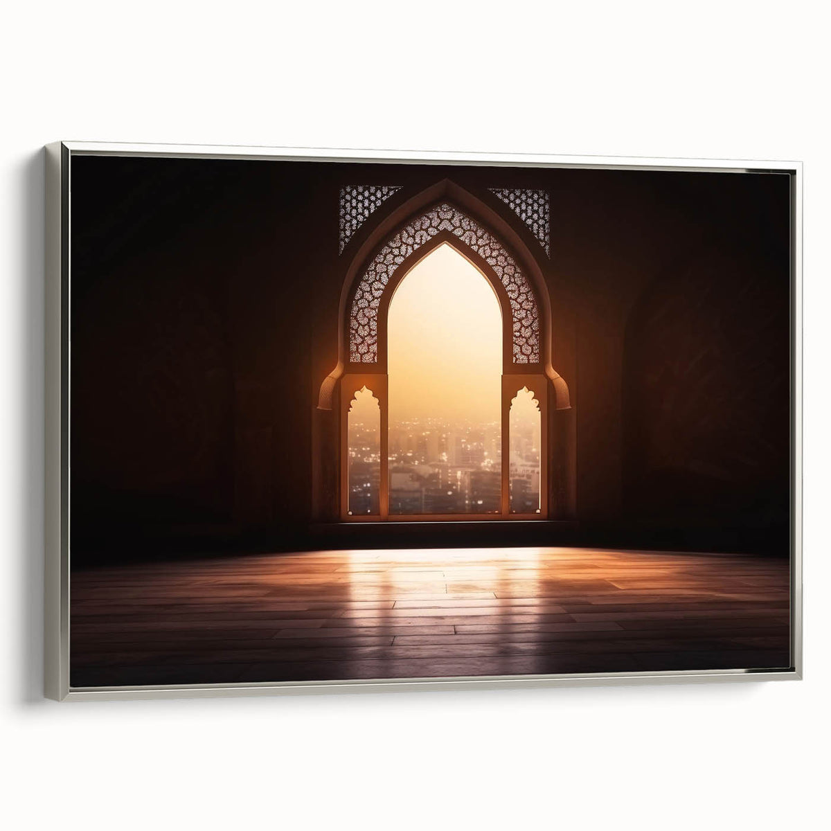 Framed canvas landscape art painting featuring a vintage-style Dubai skyline in colorful hues, ideal for living room decor.