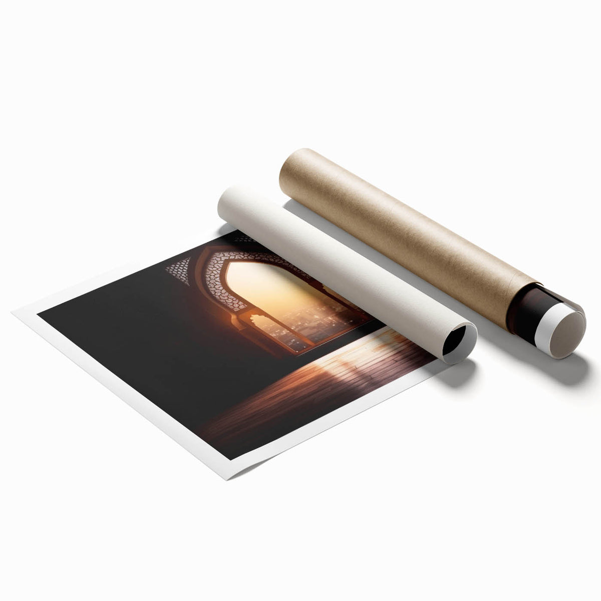 Extra large rolled print featuring a detailed floral art design of the Dubai skyline in muted earth tones.