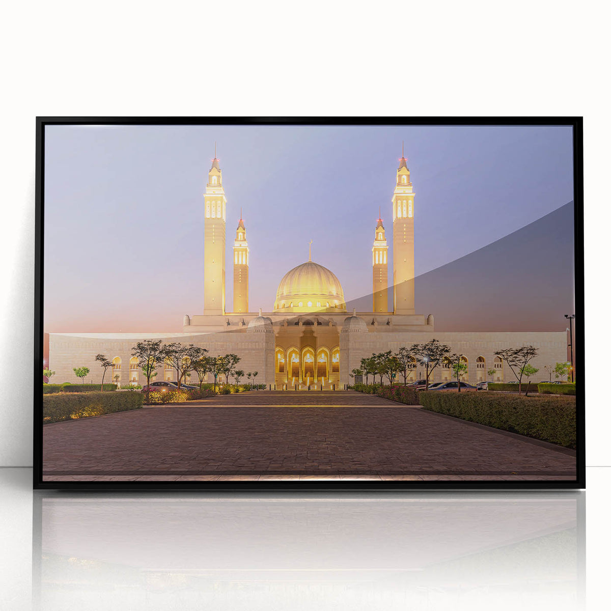 Large abstract wall art featuring a minimalist Middle Eastern Oman scenery in muted earth tones on a framed acrylic panel.