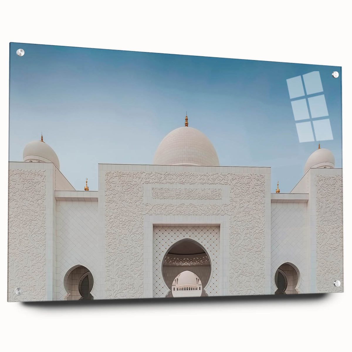 Large abstract wall art depicting the Abu Dhabi skyline in muted gray and blue tones on acrylic glass.