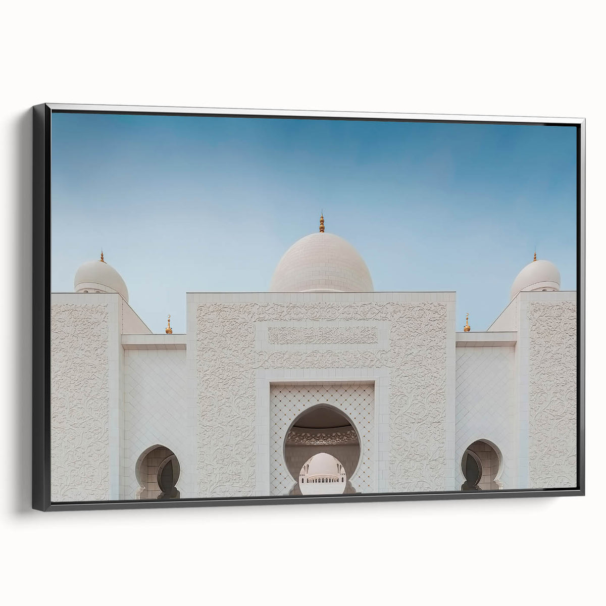 Black and white framed canvas of the Abu Dhabi skyline, ideal for bedroom wall decor.