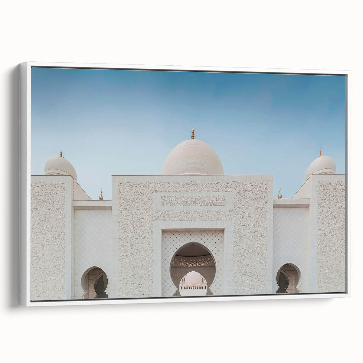 Vintage poster art of Abu Dhabi skyline on framed canvas.