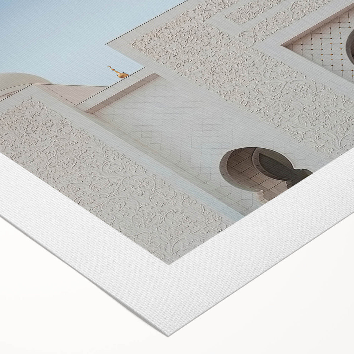 Art deco poster of Abu Dhabi skyline in muted gold and blue tones on rolled canvas, suitable for dining room wall art.