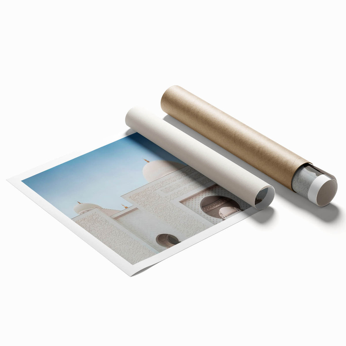 Extra large rolled print of Abu Dhabi skyline with vibrant twilight hues, ideal for classy bathroom wall art.