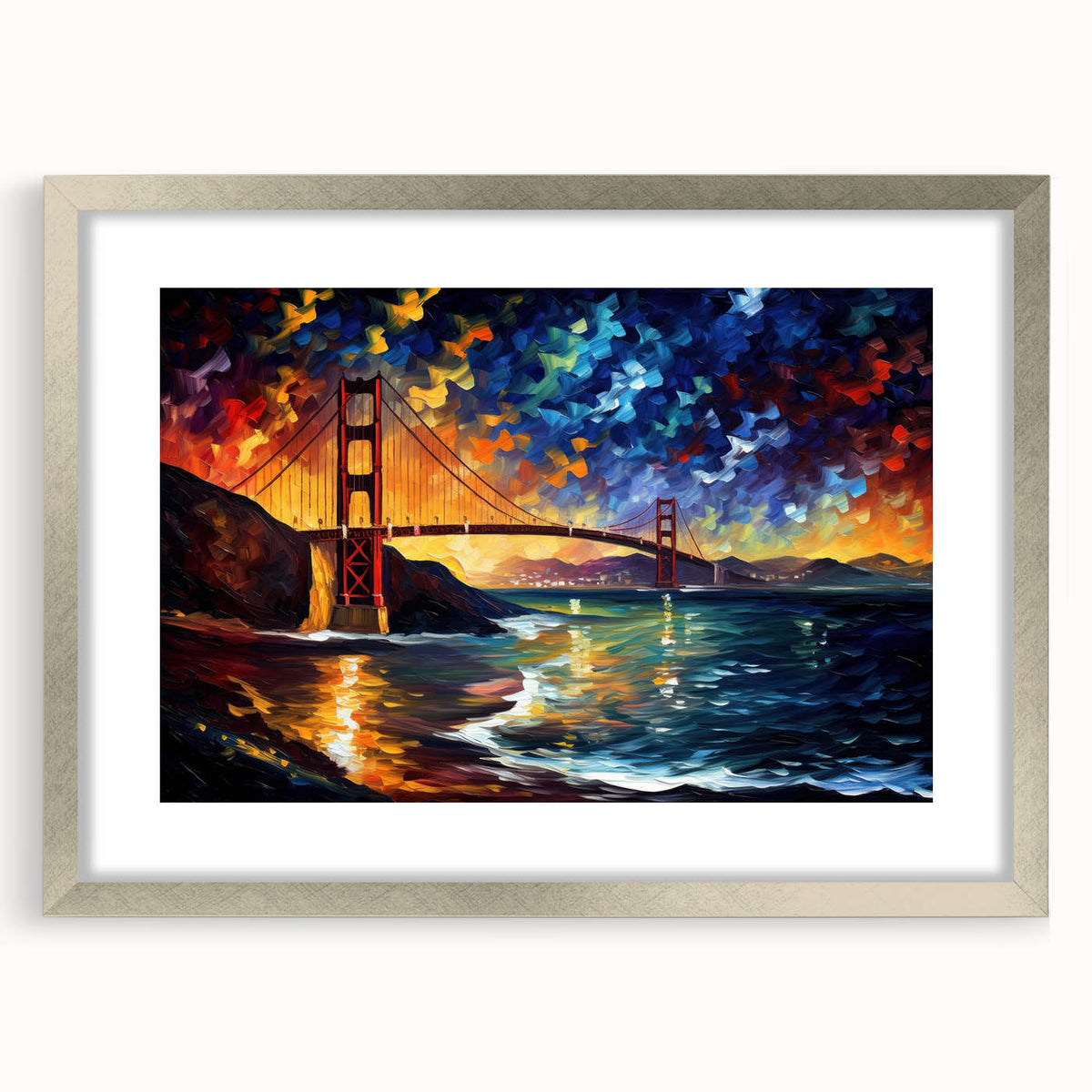 Textured art print of abstract San Francisco skyline in muted gray and blue tones on a framed canvas, ideal for bedroom art.