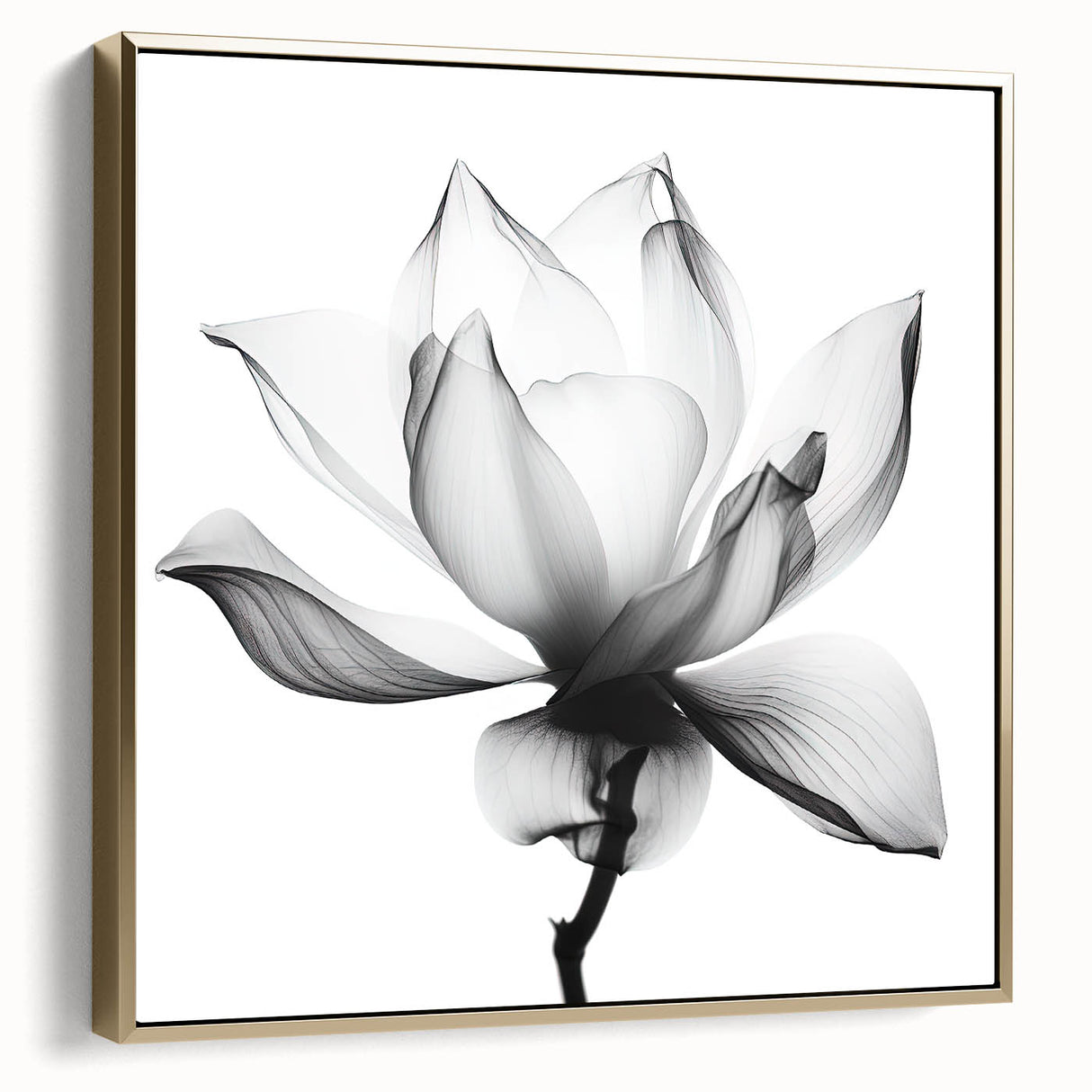 Framed canvas artwork showcasing an abstract floral design in shades of silver and gold, perfect for modern home decor. Ideal for enhancing living spaces with elegance.
