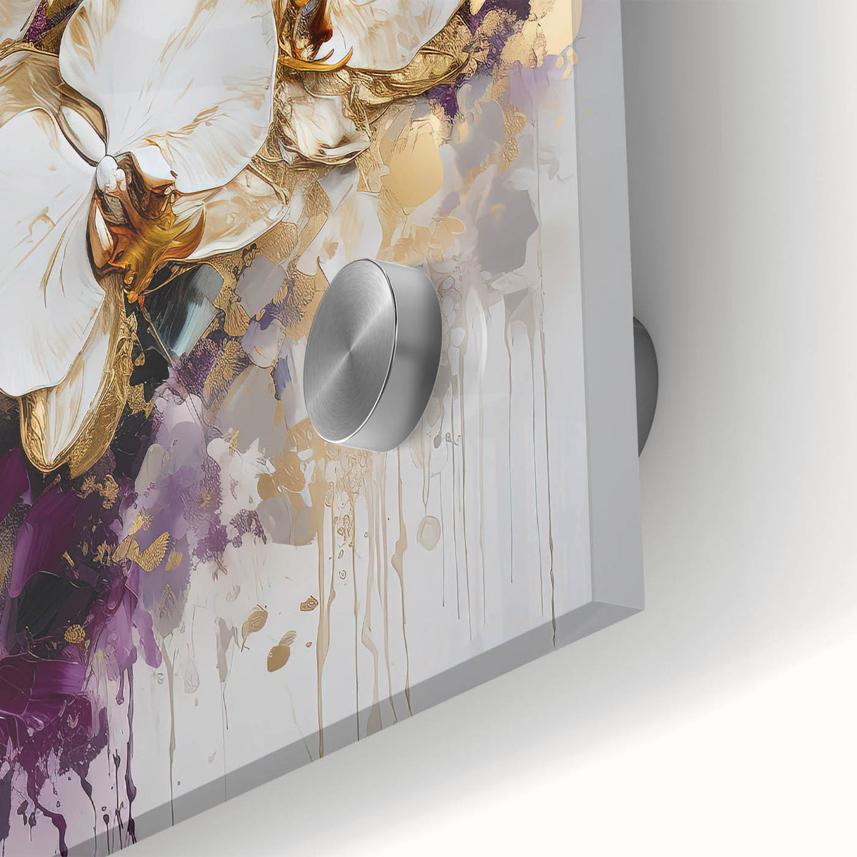 Close-up view of an abstract floral acrylic painting featuring vibrant colors of pink, green, and blue, showcasing intricate details and smooth glass texture, perfect for modern decor.