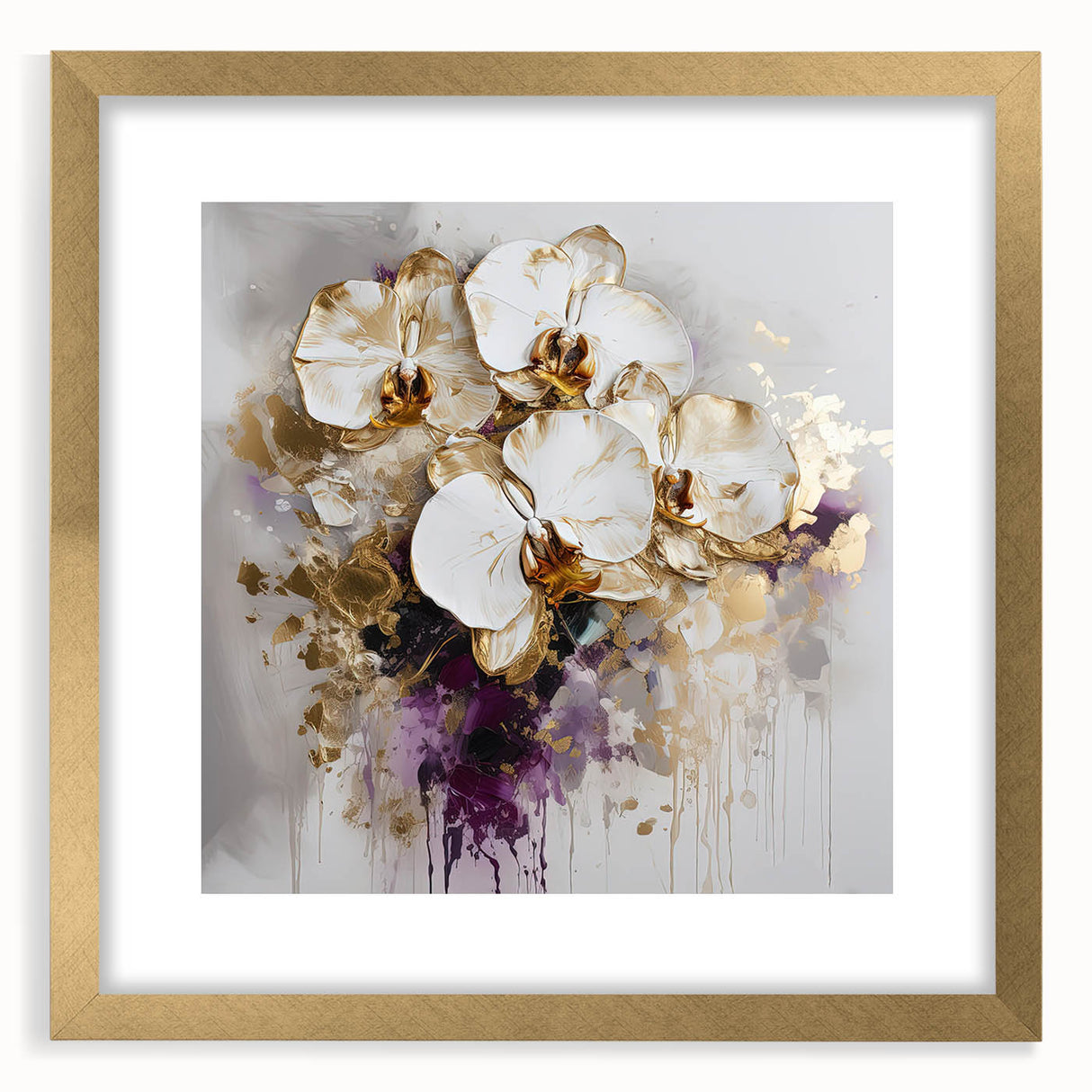 Abstract floral frame art with a gold mat, showcasing vibrant colors and intricate patterns, perfect for modern home decor or gallery display.