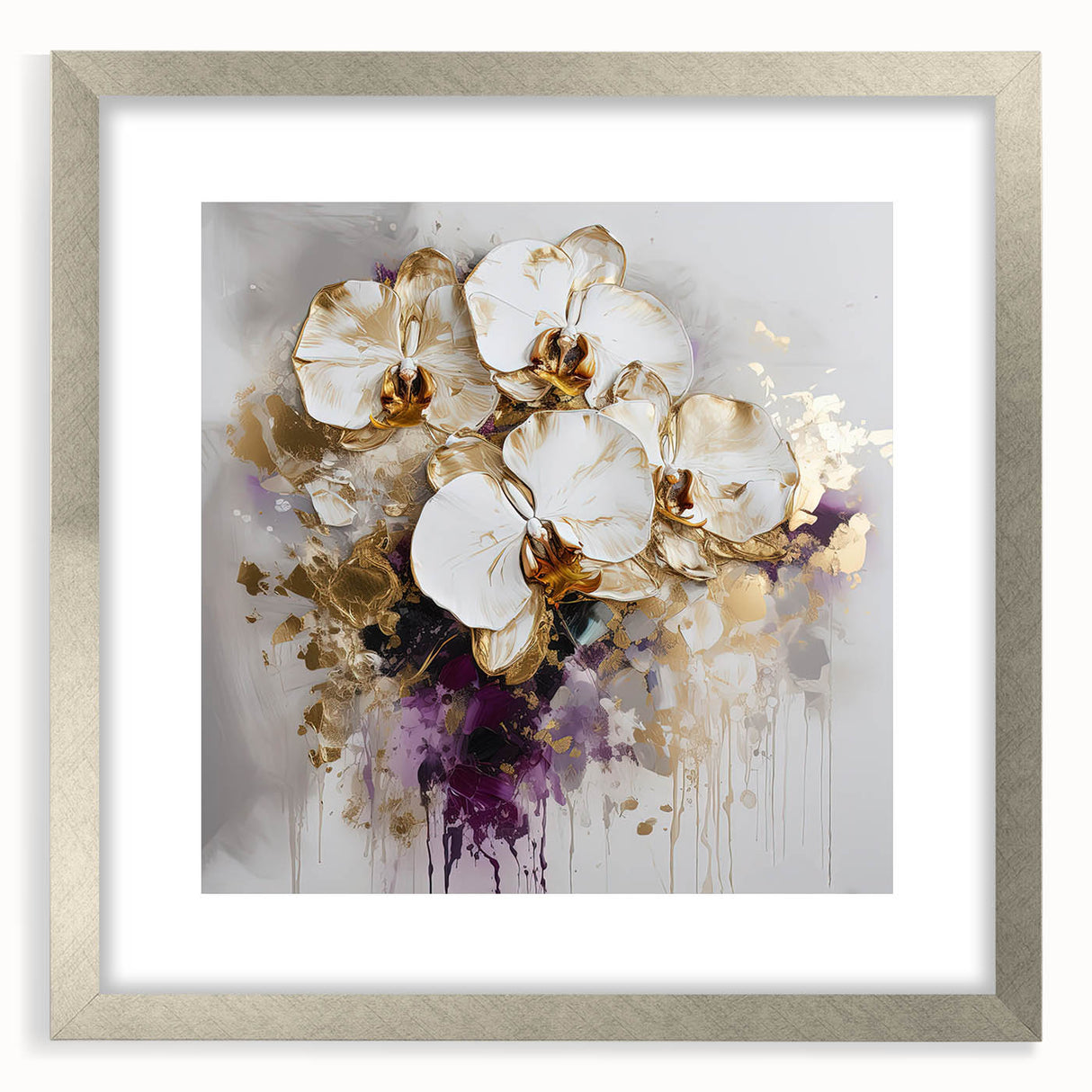 Abstract floral art frame with a silver mat, showcasing vibrant colors and intricate designs, perfect for home decor or artistic display. Ideal for enhancing modern interiors.